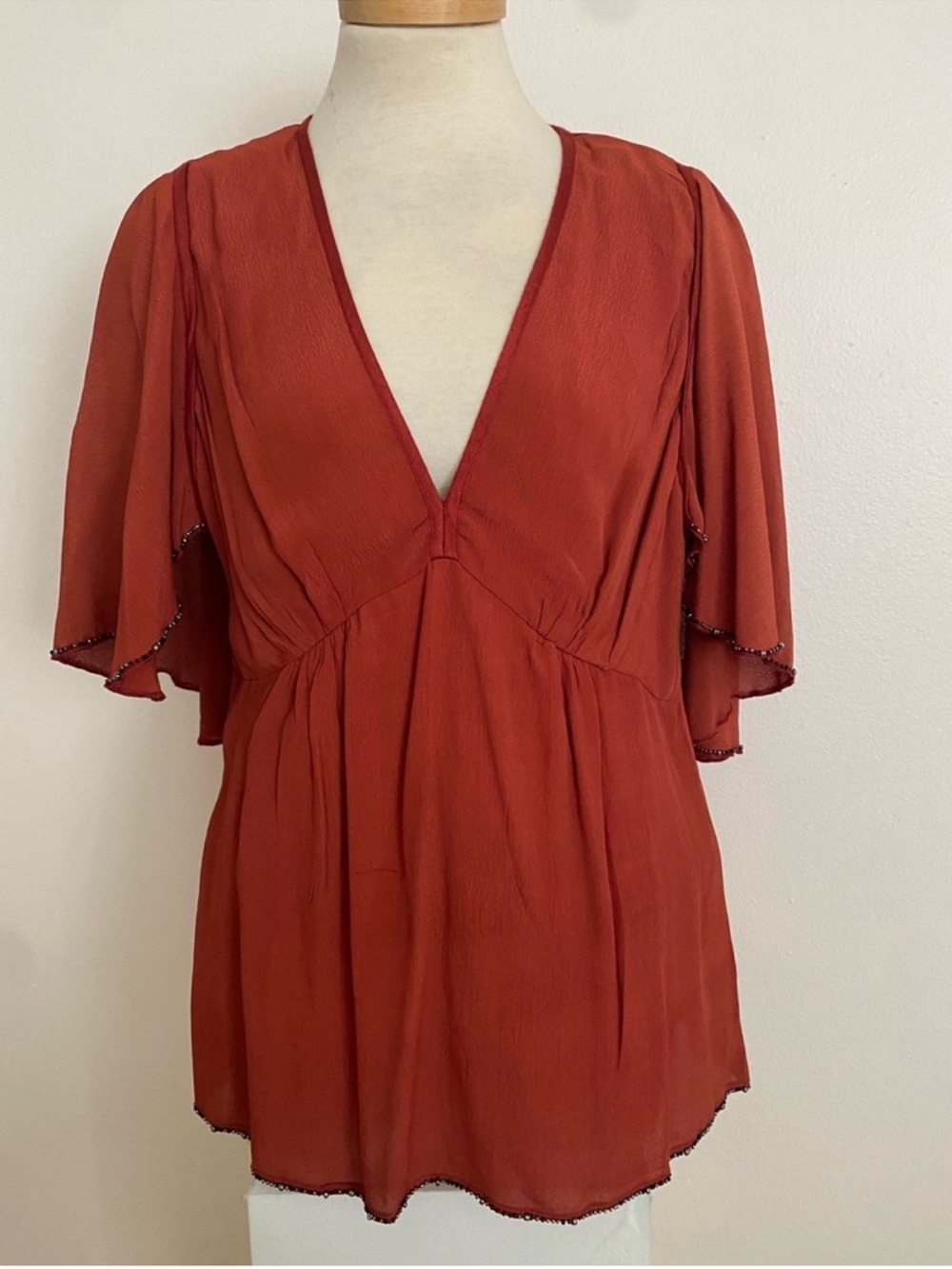 Anthropologie Rust Red V-Neck Flutter Sleeve Blouse